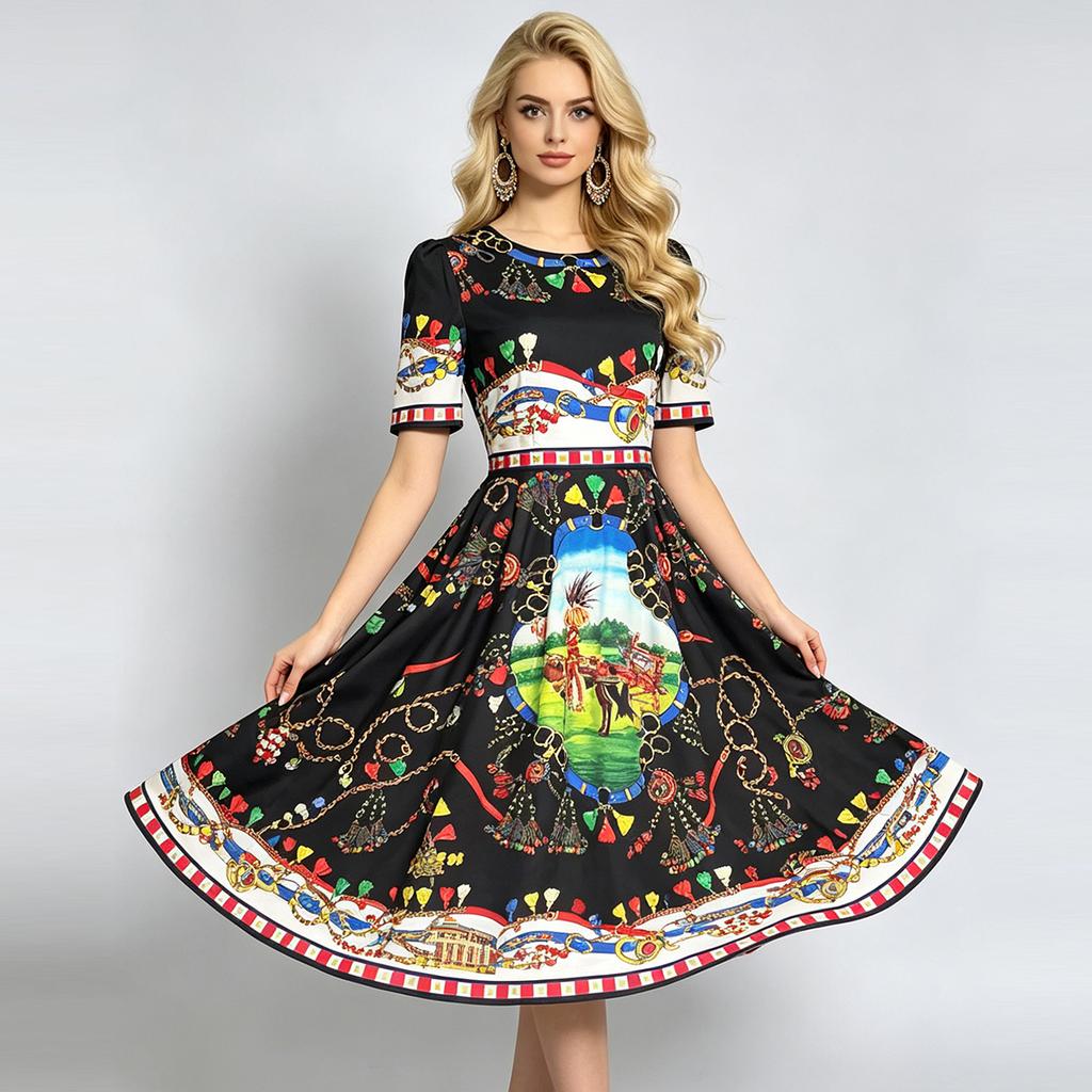 Marka Fashioni Letnia Vintage Sukienka Midi Damska Krótki Rękaw Okrągły Dekolt Empire Kwiatowy Wzór Długa Sukienka na Plażę Imprezę Wieczorową