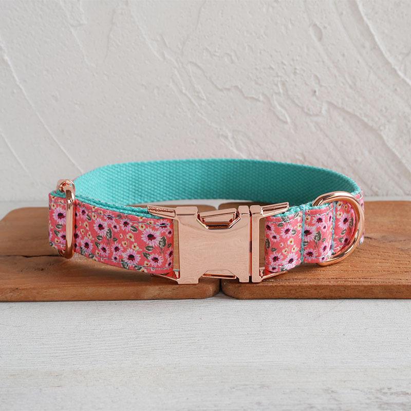 MUTTCO Blue Orange Sunrise Floral Dog Collar & Leash Set with Rose Gold Buckle Small