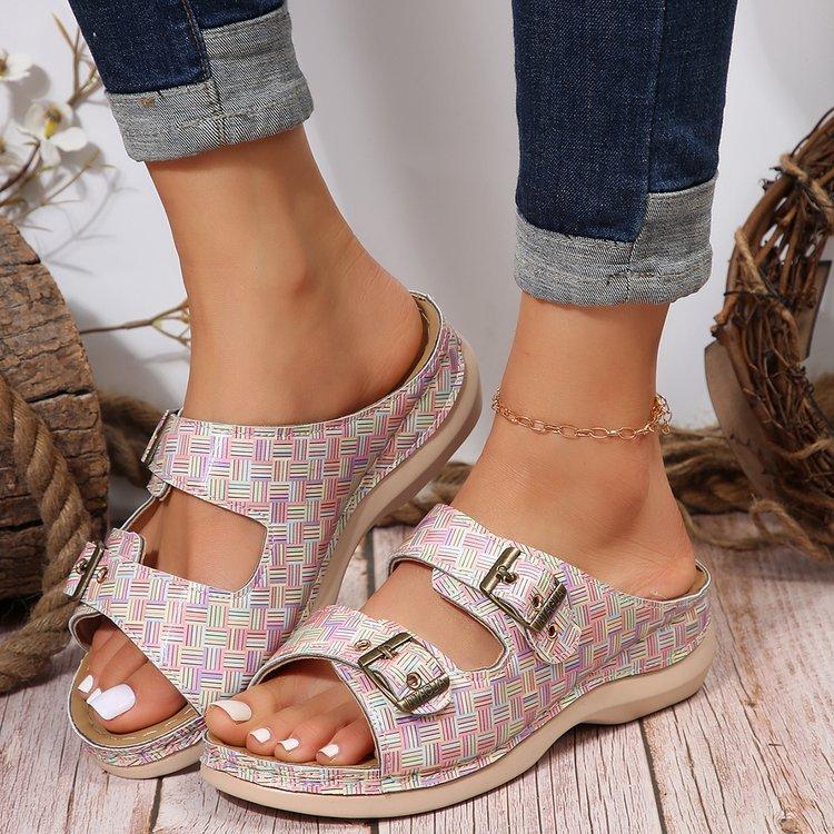 Double buckle cool slippers women's summer round head hollow metal buckle flat bottom outer wear plaid flip-flops