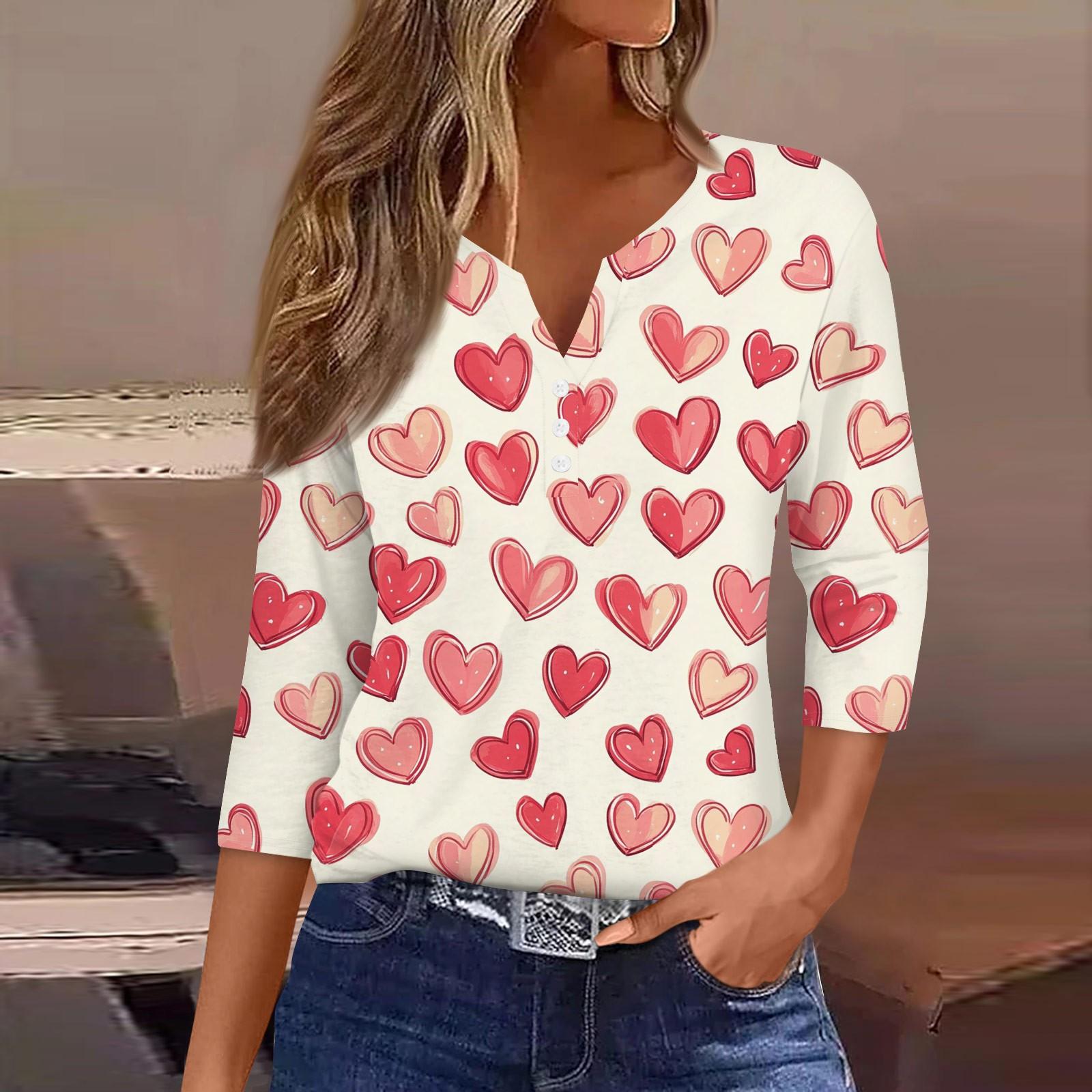 

Женский повседневный универсальный топ с V-образным вырезом и рукавом три четверти на пуговицах с принтом ко Дню святого Валентина L бежевый