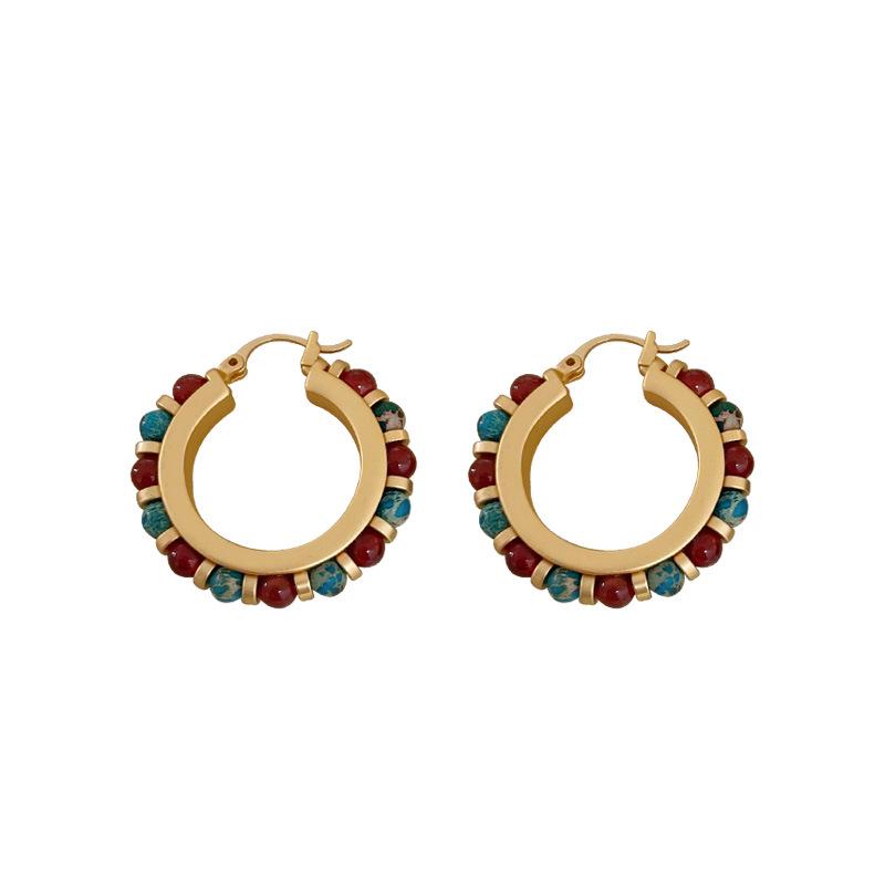 Bohemian Colorful Natural Stone Beaded Earrings - European & American Retro Style, High-End Light Luxury