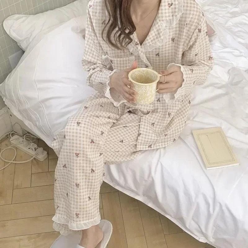 Spring and Summer Women's Silk Plaid Cherry Long Sleeved Loose Cardigan Home Clothes Sleepwear Loungewear Set