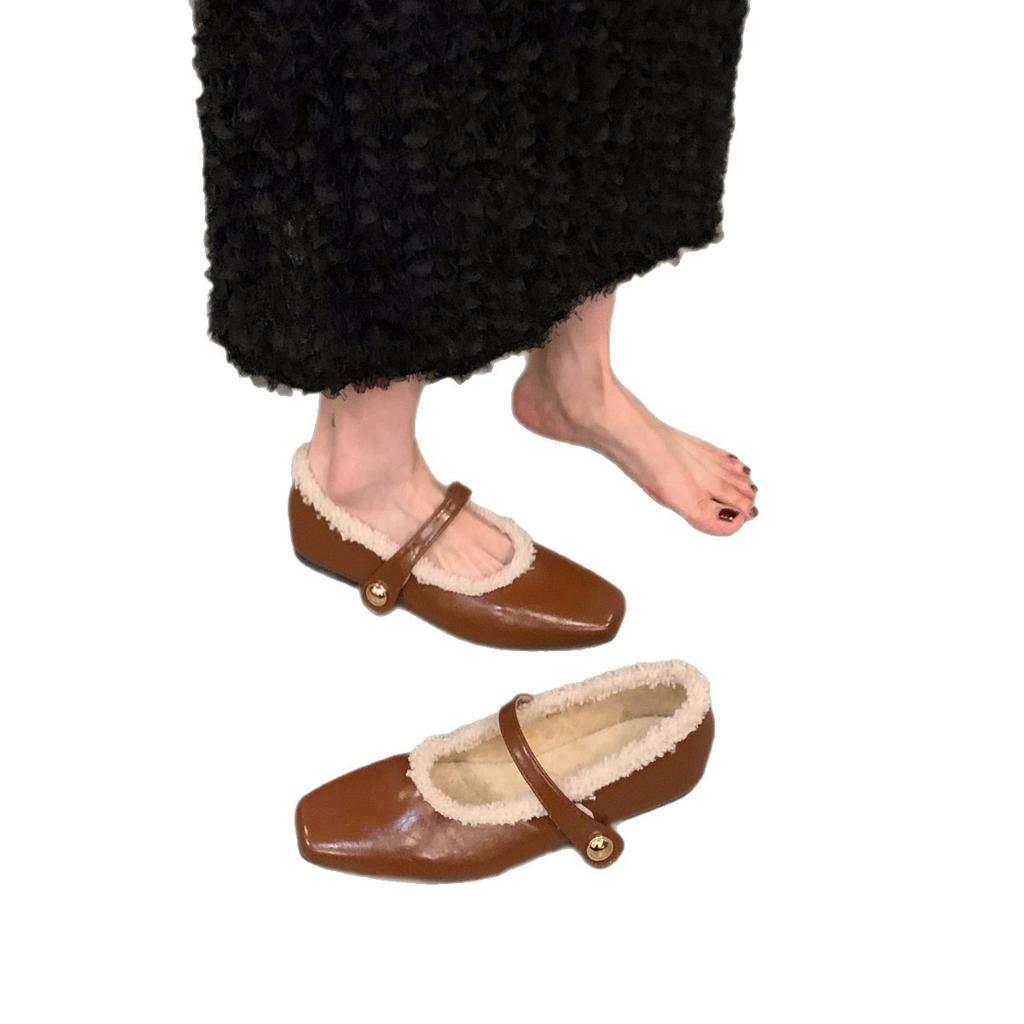 Flat Autumn and Winter Plush Cotton Shoes Single Shoes Women's Shoes 2025 New Square Head Black Mary Jane Evening Shoes