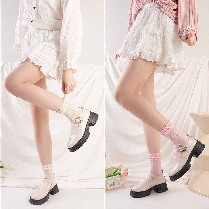Lotus leaf lace socks women's cotton tube socks spring and autumn fungus edge lolita black and white college style princess short tube socks