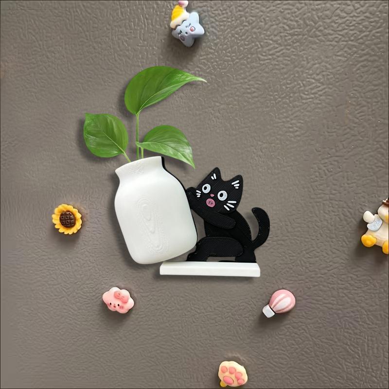 Cute Cat Fridge Magnet Mini Vase With Feeding Bottle Cat Whisker Collector Refrigerator Decorative Magnet For Home And Office