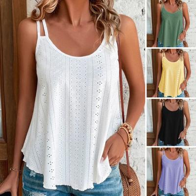 Women Summer Vest Round Neck Sleeveless Hollow Out Double Straps Loose Daily Wear Solid Color Shirring Women Summer Top Female Clothes