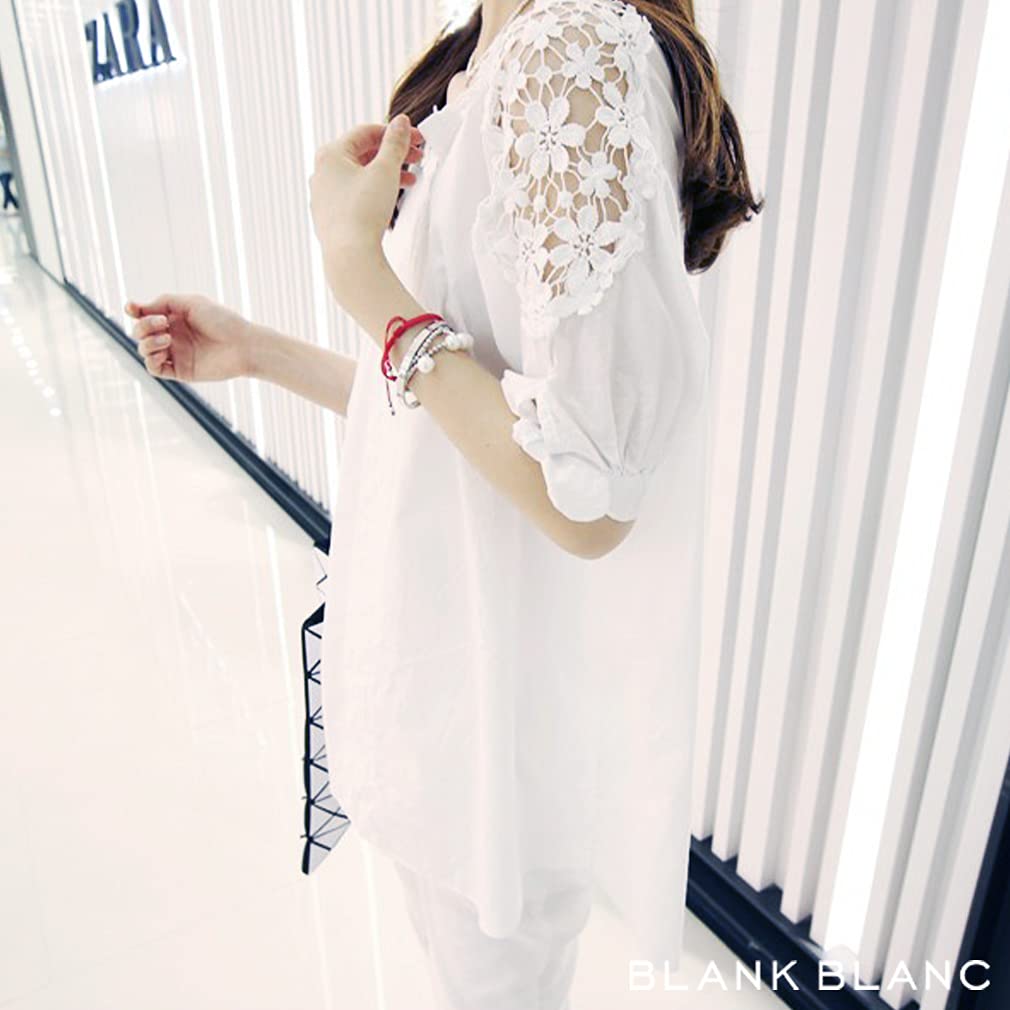 Floral floral long large short [Blanc Blanc] blouse, pattern, fluffy, voluminous, 5/8 sleeves, length, top, shirt, thin, ribbon, simple, spring,