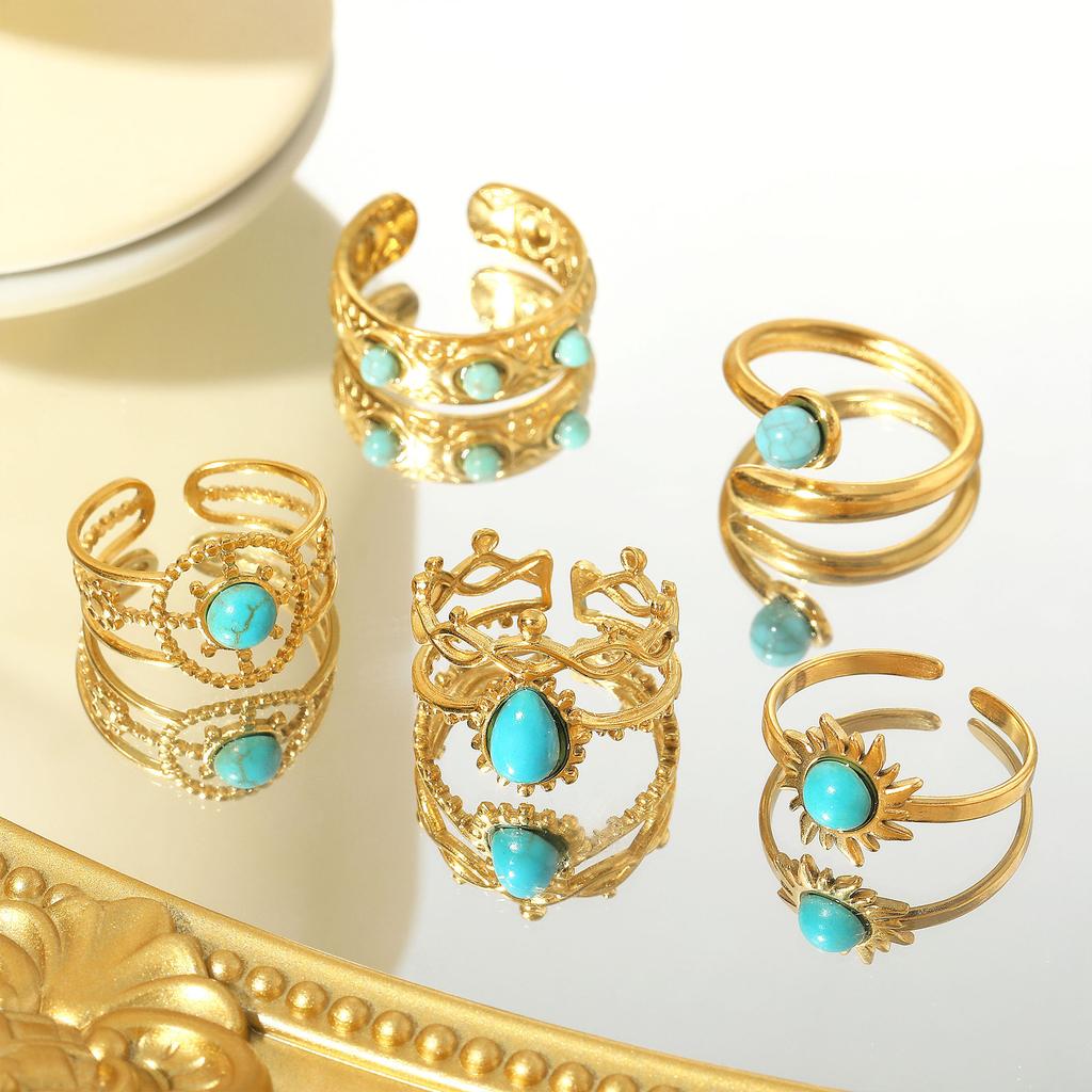 Stainless Steel Ring, Vacuum Plated 18K Gold Turquoise Rudder Sun Opening Bracelet
