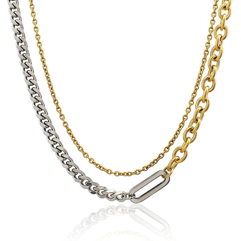 

Waterproof Jewelry Two-tone Metal Double Layer Necklaces Chain Elegant Stainless Steel Thin Cuban Chain Necklace золотой