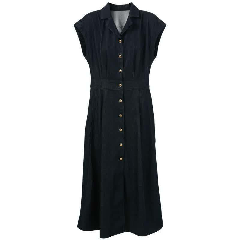 Sancai Western Collar Single-breasted Denim A-line Dress