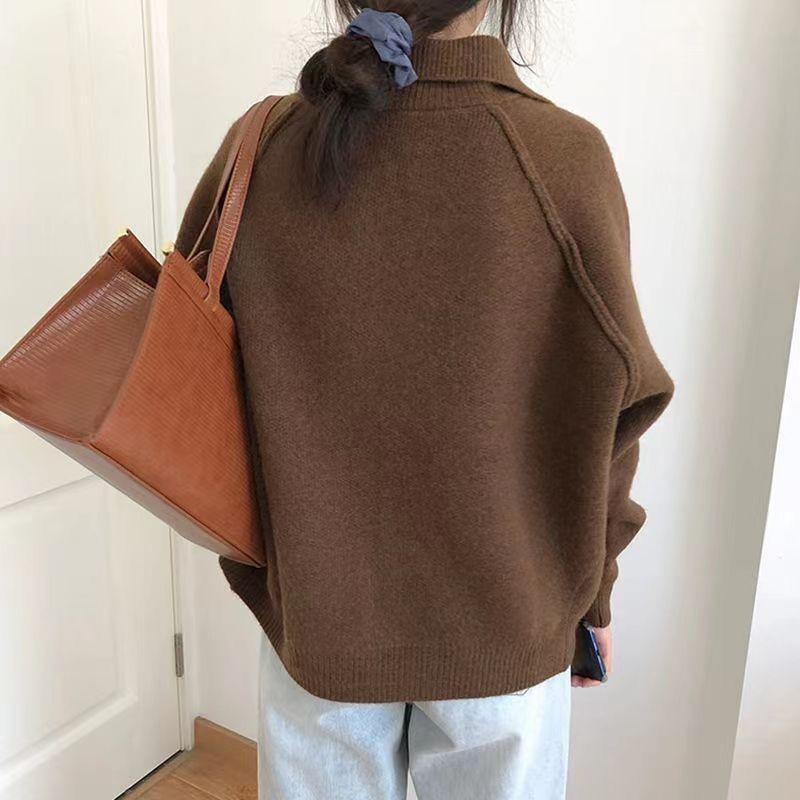 Autumn Winter Lazy Flip Collar Knitted Sweater Single breasted Sweater Women's Korean New Solid Thick Retro Long Sleeve Coat