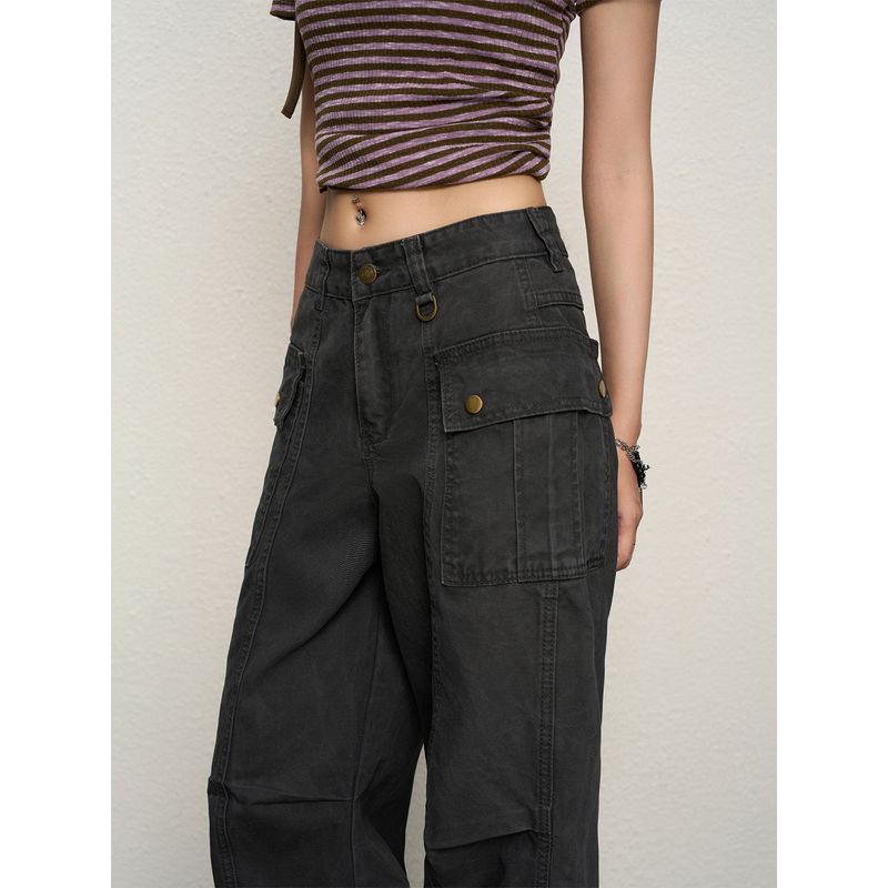 American-Style Small Light Cargo Pants Women's Summer 2025 New Arrival Large Pocket Ruched Summer Loose Feeling Wide-Leg Pants