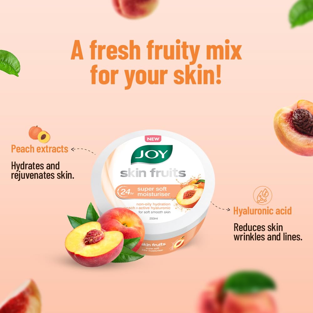 Joy Skin Fruits Super Soft Moisturizer With Peach Hyaluronic Acid 200ml For Face Hands Body 24Hr Hydration