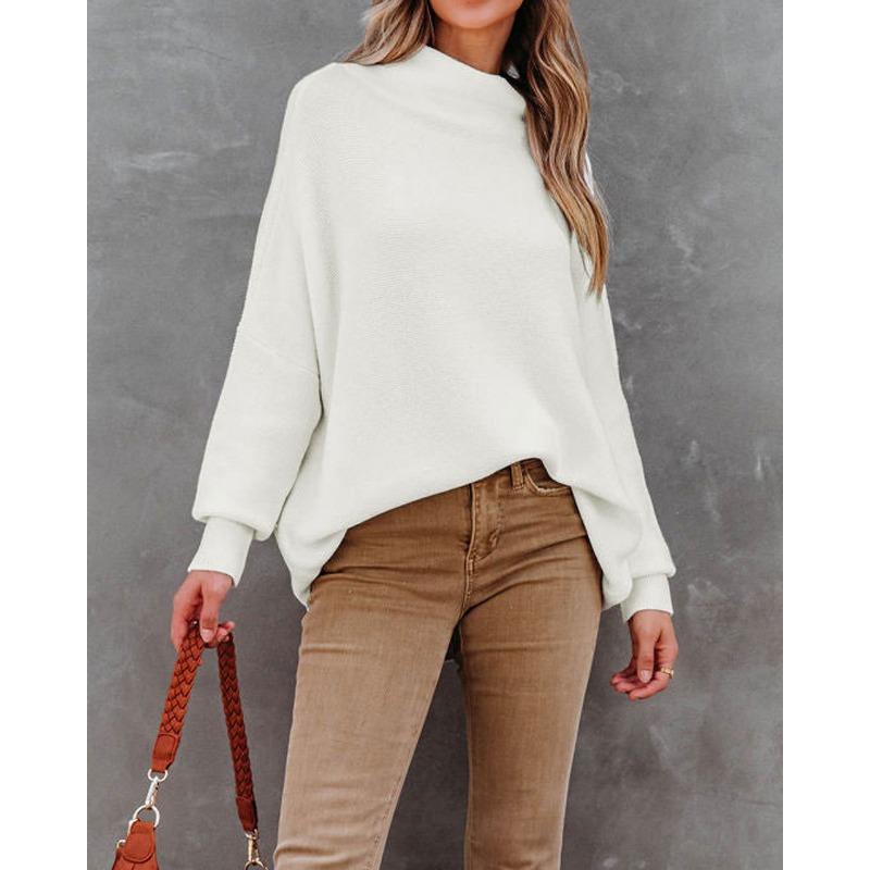 Γυναικείο φθινοπωρινό και χειμερινό πουλόβερ με ψηλό λαιμό με έναν ώμο μονόχρωμο, χαλαρό πουλόβερ