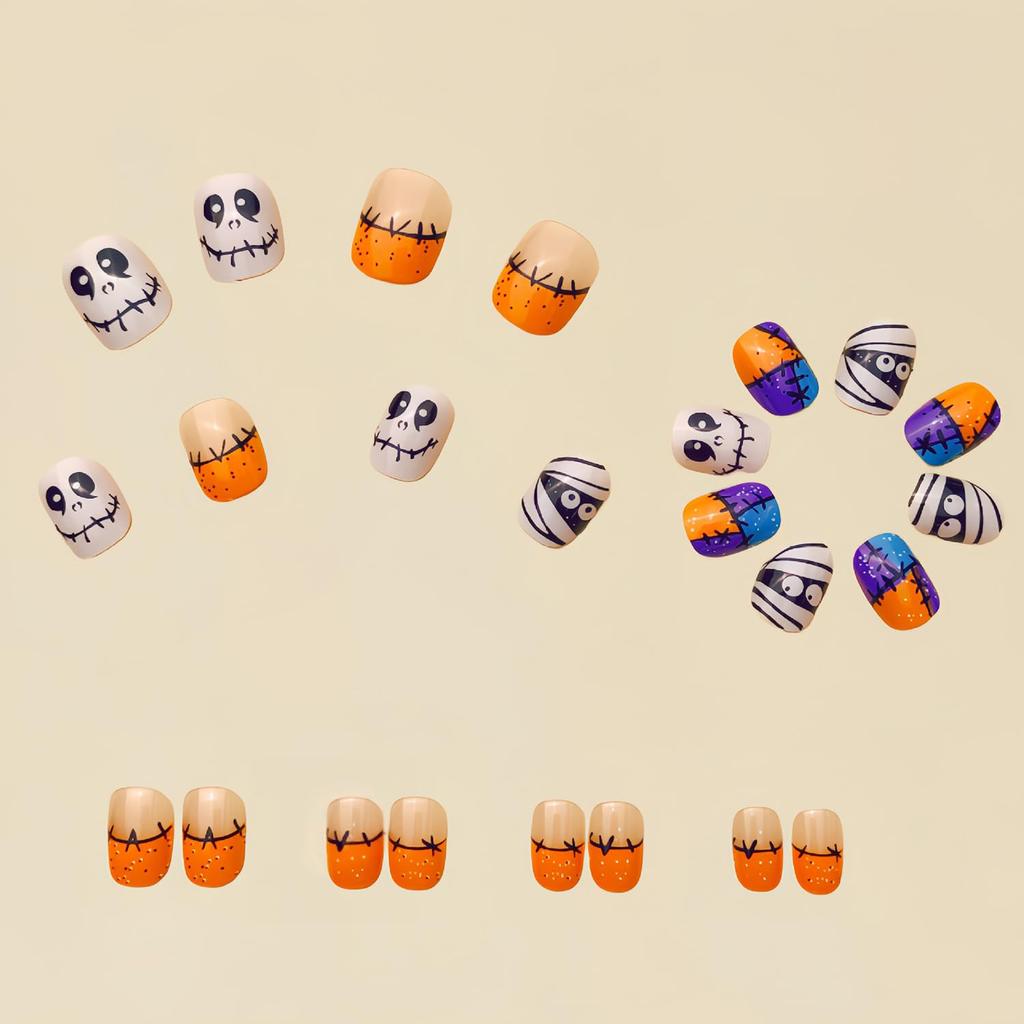 24 Pcs Halloween Press On Nails Short CEWEWP Square Cartoon Fake Nails Mummy Patch Press Ons Nail Tips Orange French Glue On Nails with Terror