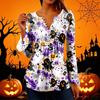 Women's Halloween Print V-Neck Long Sleeve T-Shirt with Sleeves and Pleated Button Front