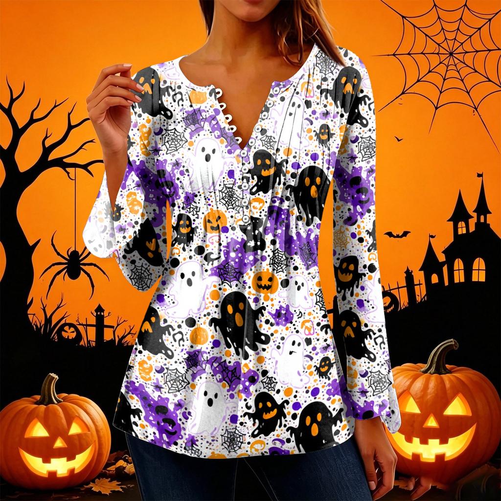 Women's Halloween Print V-Neck Long Sleeve T-Shirt with Sleeves and Pleated Button Front