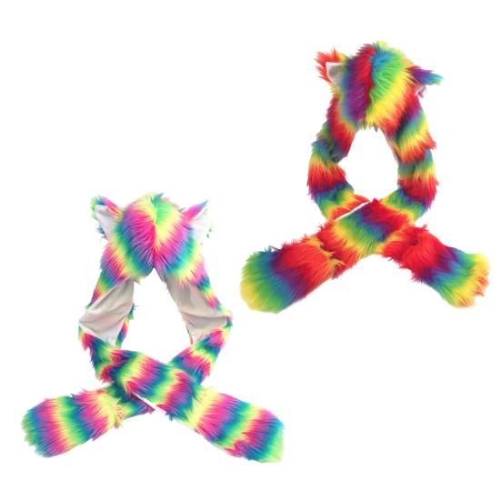 Women Hat Rainbow Color Imitation Fur 3 in 1 Hat Scarf Gloves Winter Warm Hat Home Outdoor Work Street Wear