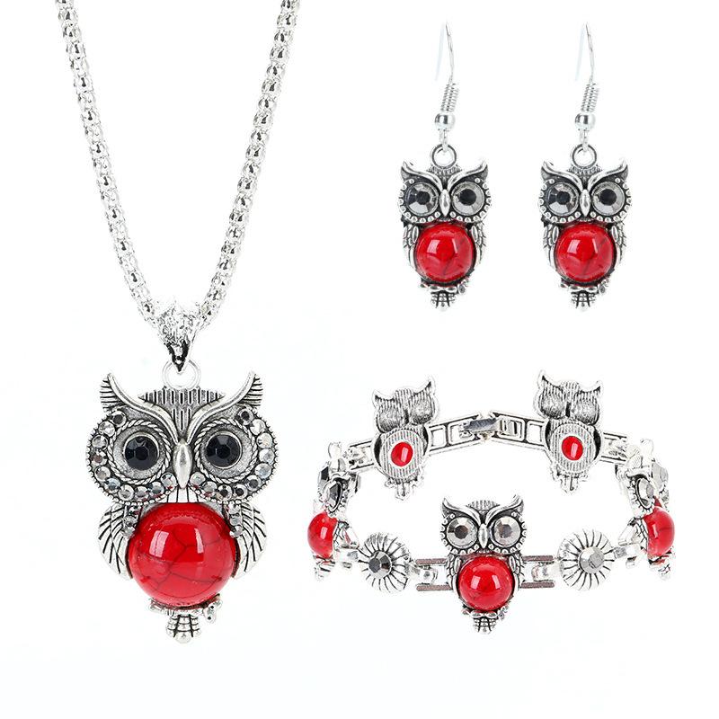 

European & American Retro Ethnic Jewelry Set: Turquoise Owl Pendant Necklace, Inlaid Earrings & Bracelet