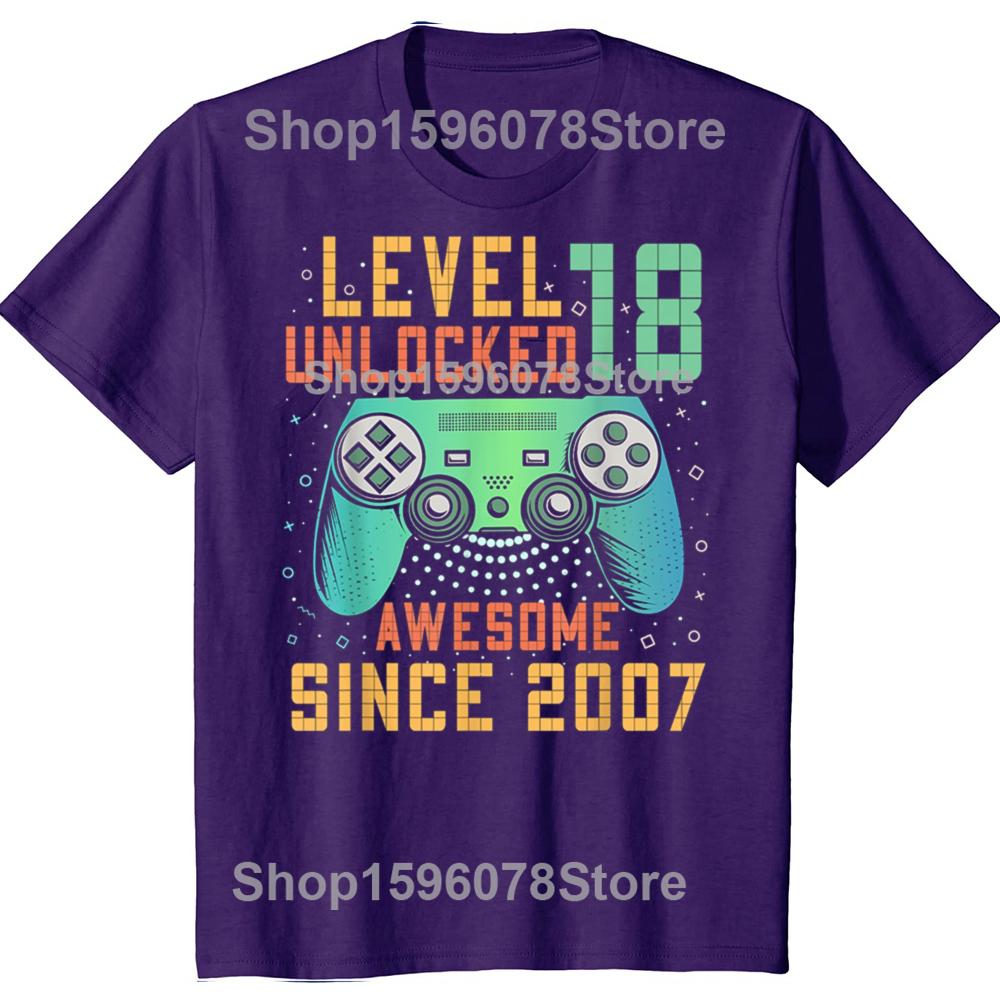 Funny Level 18 Unlocked 18th 18 Year Old Boy Gaming Graphic 2007 T Shirts Men Cotton Humor Streetwear Unisex Loose Clothing
