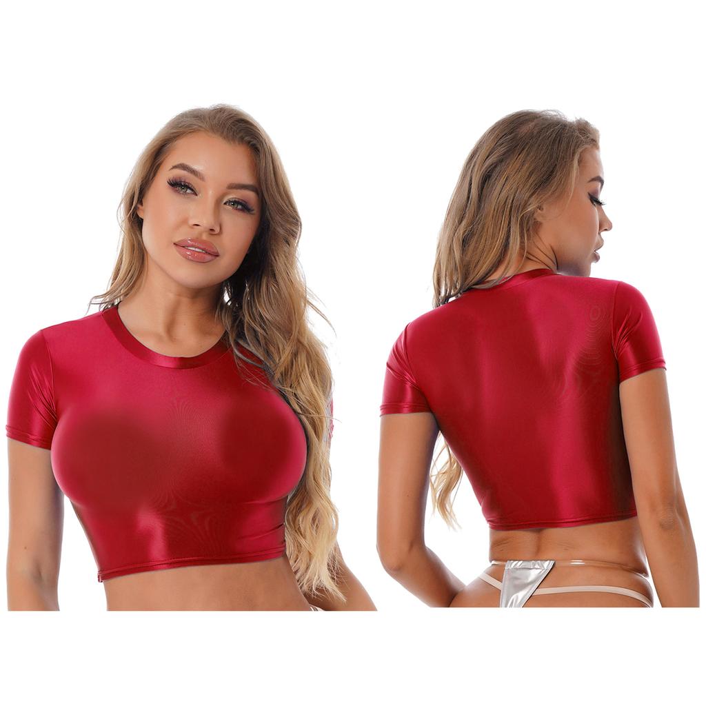 Women Crop Top Tee Short Sleeve Round Neck Slim Fit Solid Color Sportswear Yoga Running Shirt