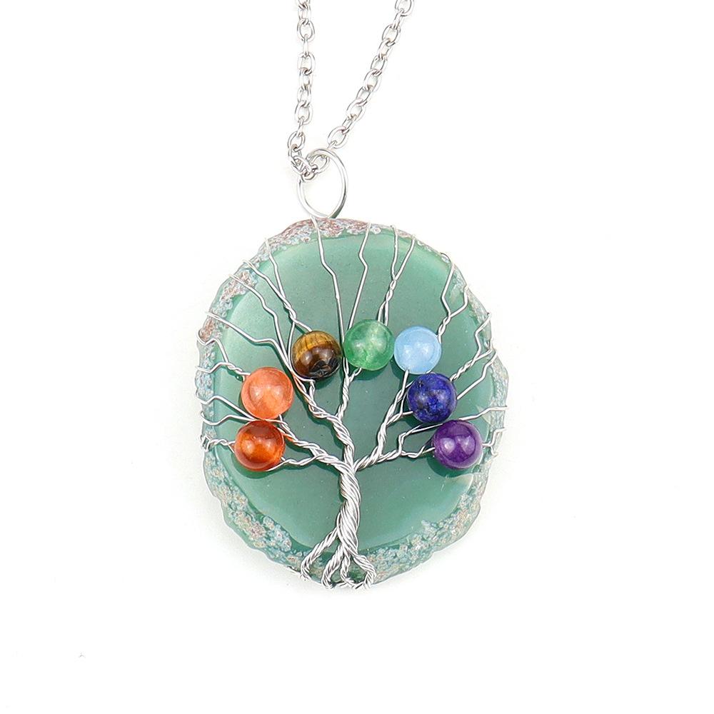 Handmade Silk Winding Tree Of Life Colorful Beads Natural Agate Sheet Pendant Necklace N634