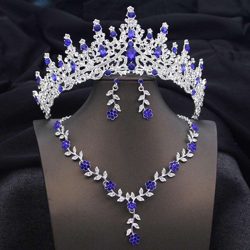 3 pcs Pink Bridal Jewelry Sets for Women Crown Flower Choker Necklace Earring Wedding Tiara Bride Costume Accessories