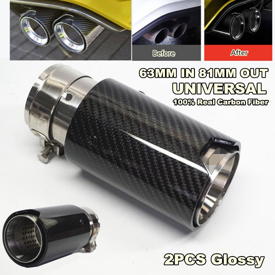2Pcs Universal Glossy Black 100% Real Carbon Fiber Car Exhaust End Tips for BMW 2.5'' In, 3.2'' Out With Logo