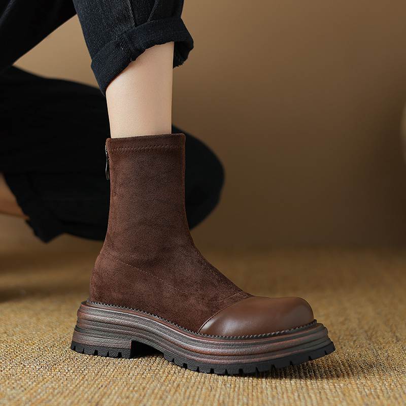 Krazing Pot Microfiber Flock Autumn Winter Shoes Thick Med Heels Size 43 Modern Boots Stretch Ankle Boots