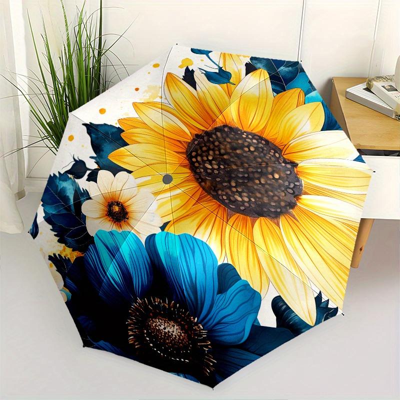 

Sunflower, Blue Theme 8 Bone Hand Automatic Folding Umbrella, Compact and Portable Design, A Perfect Gift for Birthday, Christmas or Busines
