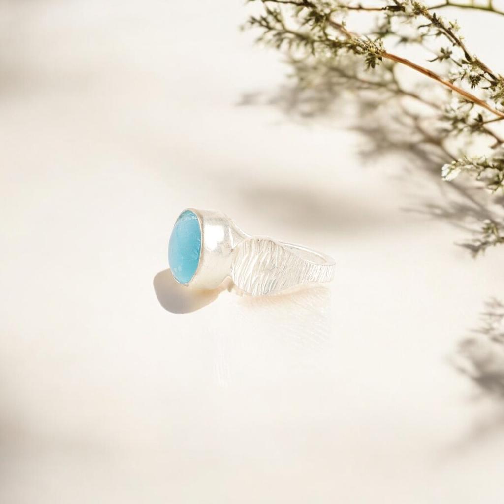 Niebieski Kamień Kocie Oko Biżuteria z Litego Srebra Próby 925 Ręcznie Robiony Pierścionek na Dzień Matki RR-1-40