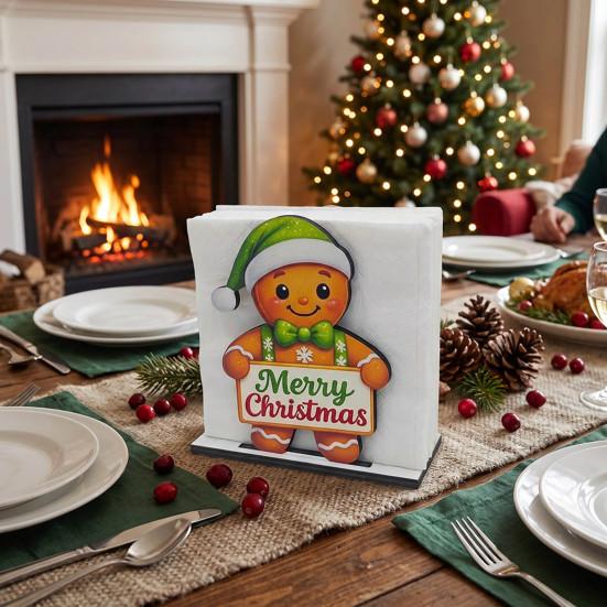 Xmas Gift for Home Wooden Christmas Napkin Holder, Gingerbread Man And Deer Design, Decorative Kitchen Accessory Vertical Paper Towel Storage