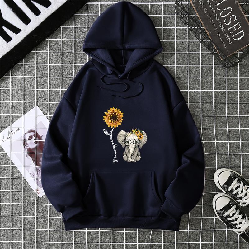 Women's Sunflower Elephant Printing Pattern Round Neck Pullover Long Sleeve Sweater Women Pullover Crew Neck Style
