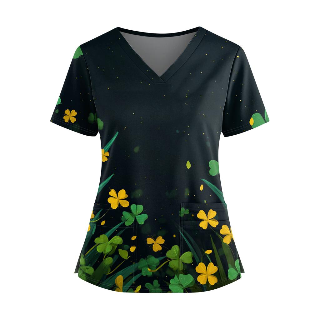 Frauen St. St. Patrick's Day Druck V-Ausschnitt Doppeltasche Kurzarm Uniform Oberteil mit geschlitztem Saum