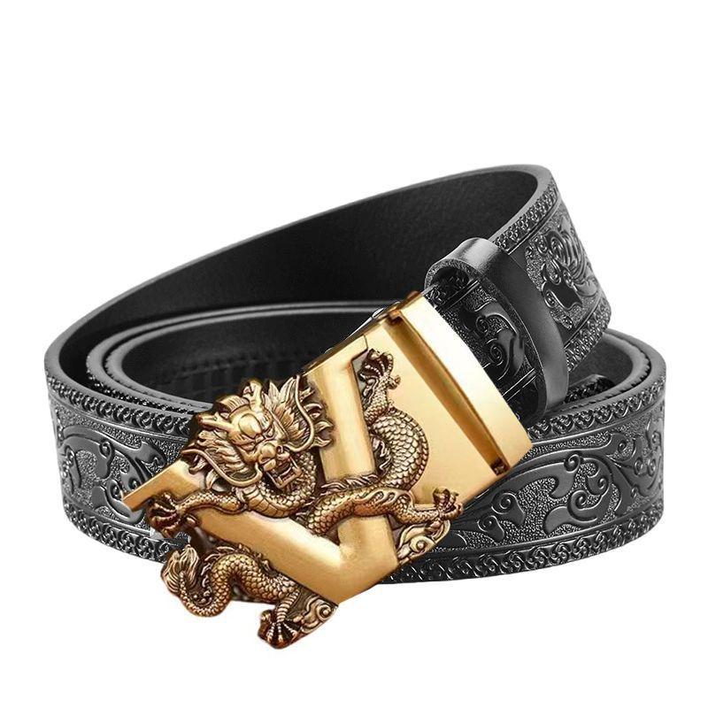 Domineering Tang grass pattern engraved men's automatic imitation copper buckle belt, personalized