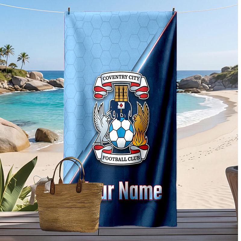 Coventry City FC Personalized Printed Beach Towel Soccer Logo Support Custom Name Text Absorbent Towel For Sport Travel Special Gift