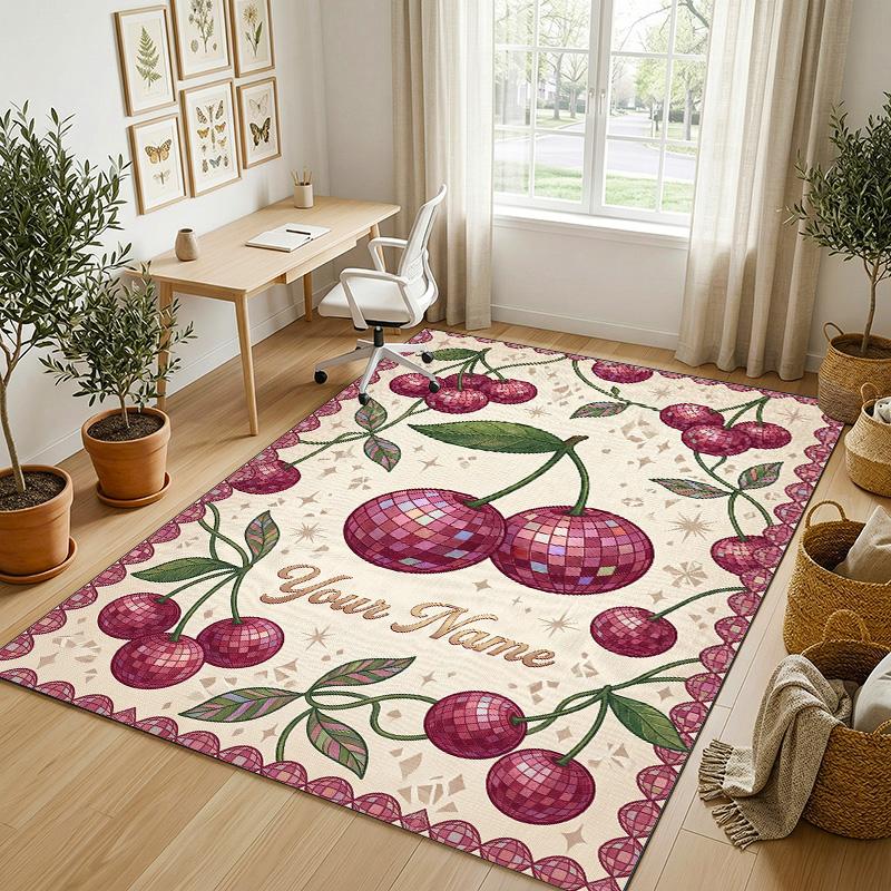 Cherries Disco Ball Theme Soft Crystal Velvet Rug Custom Name & Text Print Non Slip Floor Rug for Bedroom Living Room
