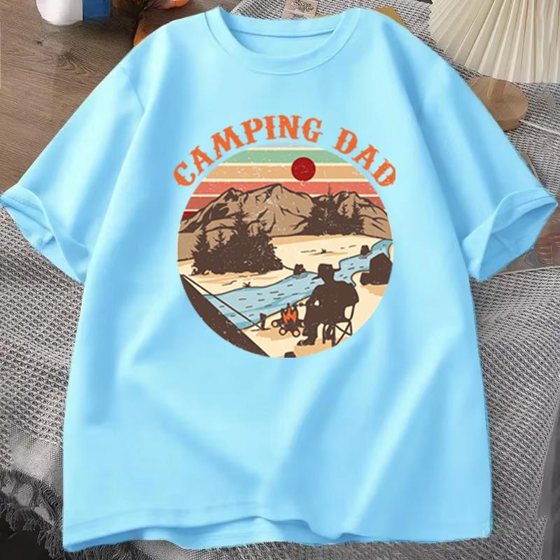 Outdoor Camping Dad T‑shirt "Camping Dad" Vintage Sunset Mountain Design Casual Short Sleeve Mens Tee Fathers Day Gift