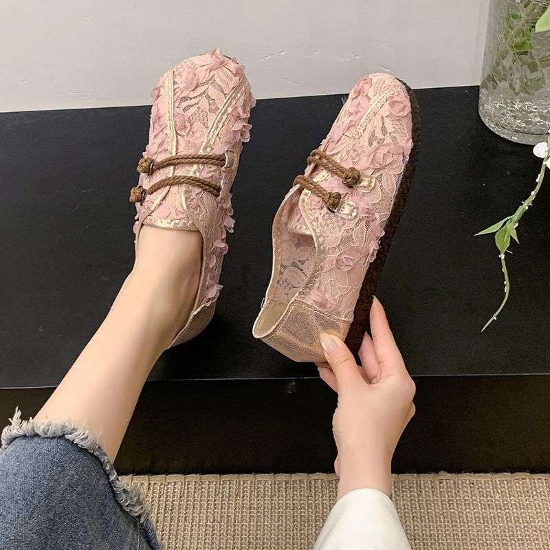 Fashion Lace Mesh Fisherman's Shoes Women's Summer Wear 2025 New Summer Style Beef Tendon Sole Bean Shoes Large Size Single Shoes