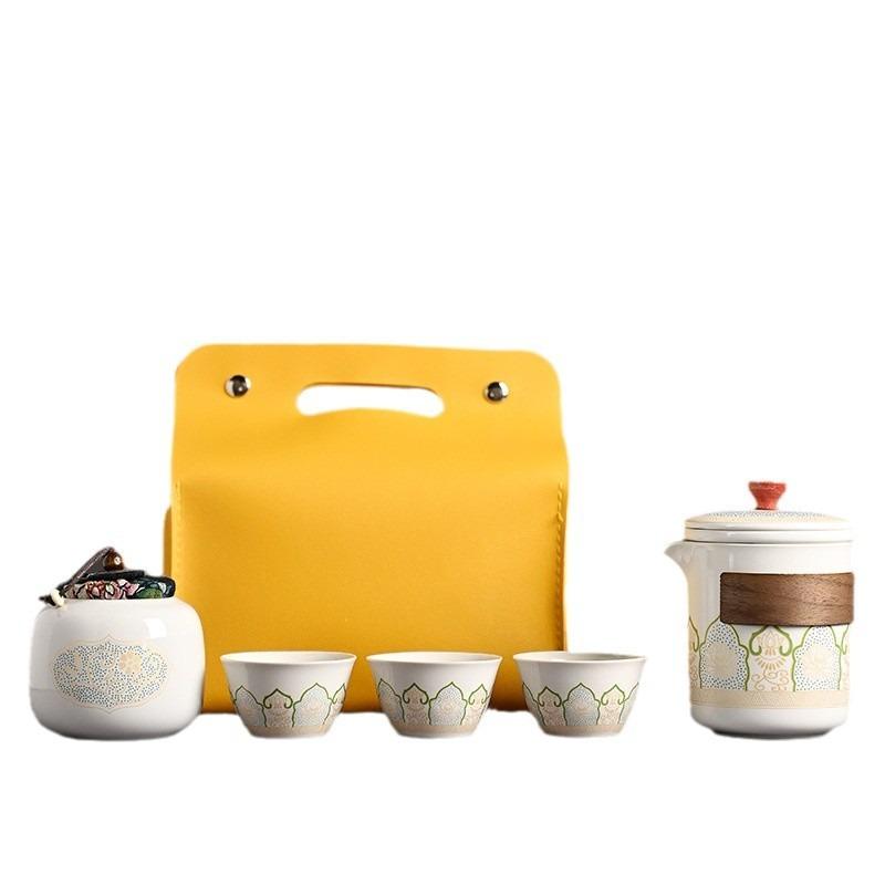 Portable Travel Tea Set, Ceramic Teapot & Cups with Storage Bag for Outdoor & Gift