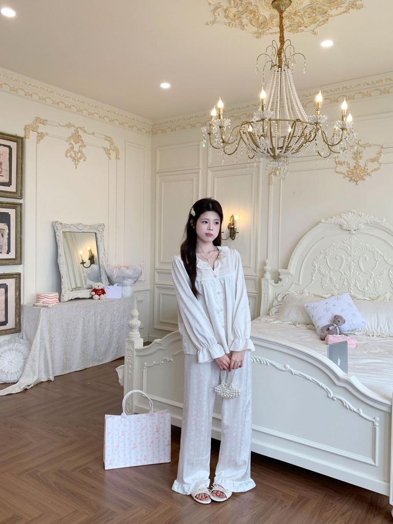 Ice Silk Pajamas for Women 1011 New Palace Style Long Sleeve and Long Pants Homewear Set Korean Sweet Style Loose Fit