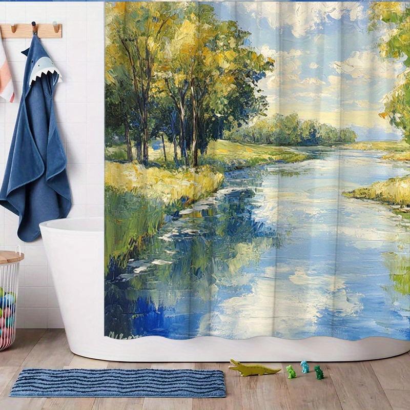 Impressionistic River Landscape Shower Curtain - Lush Trees & Reflective Water, Polyester, 70.8x70.8", 12 Hooks, Washable