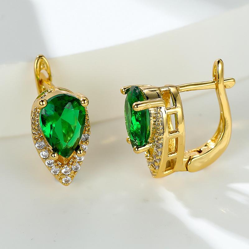 New drop-shaped emerald zircon plated champagne gold ear buckle wedding earrings women's jewelry
