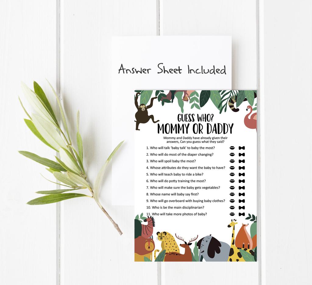 Inkdotpot Who Said it Game Mommy Or Daddy 50 Sheet Fun Baby Shower Game Gender Neutral Greenery & Animals Party Supply-7931