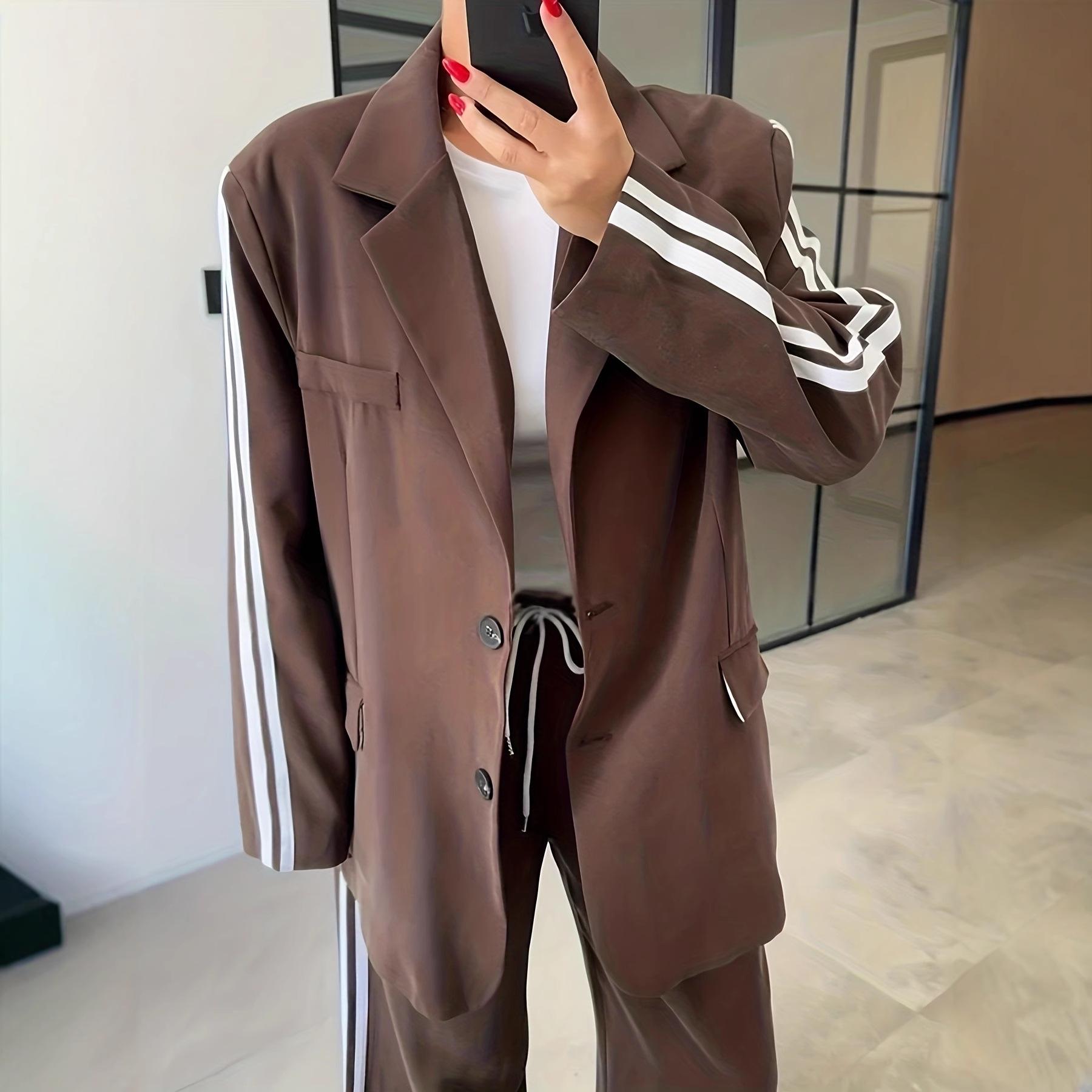 Women s Loose Casual Fashion Suit: Jacket and Pants Set with Lining S темно-коричневого