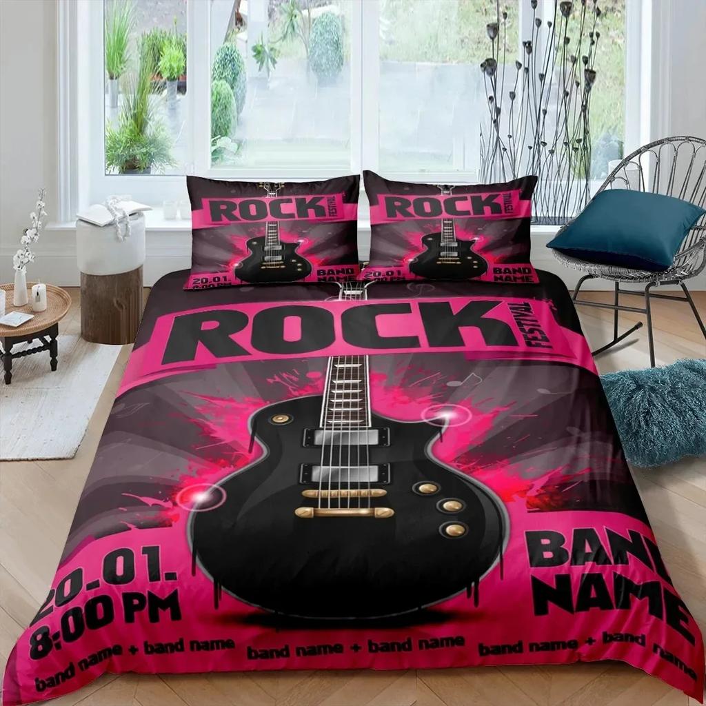Rock Music King Queen Duvet Cover Electric Guitar Punk Style Bedding Set Youth Fashion Hip Hop Polyester Comforter Cover