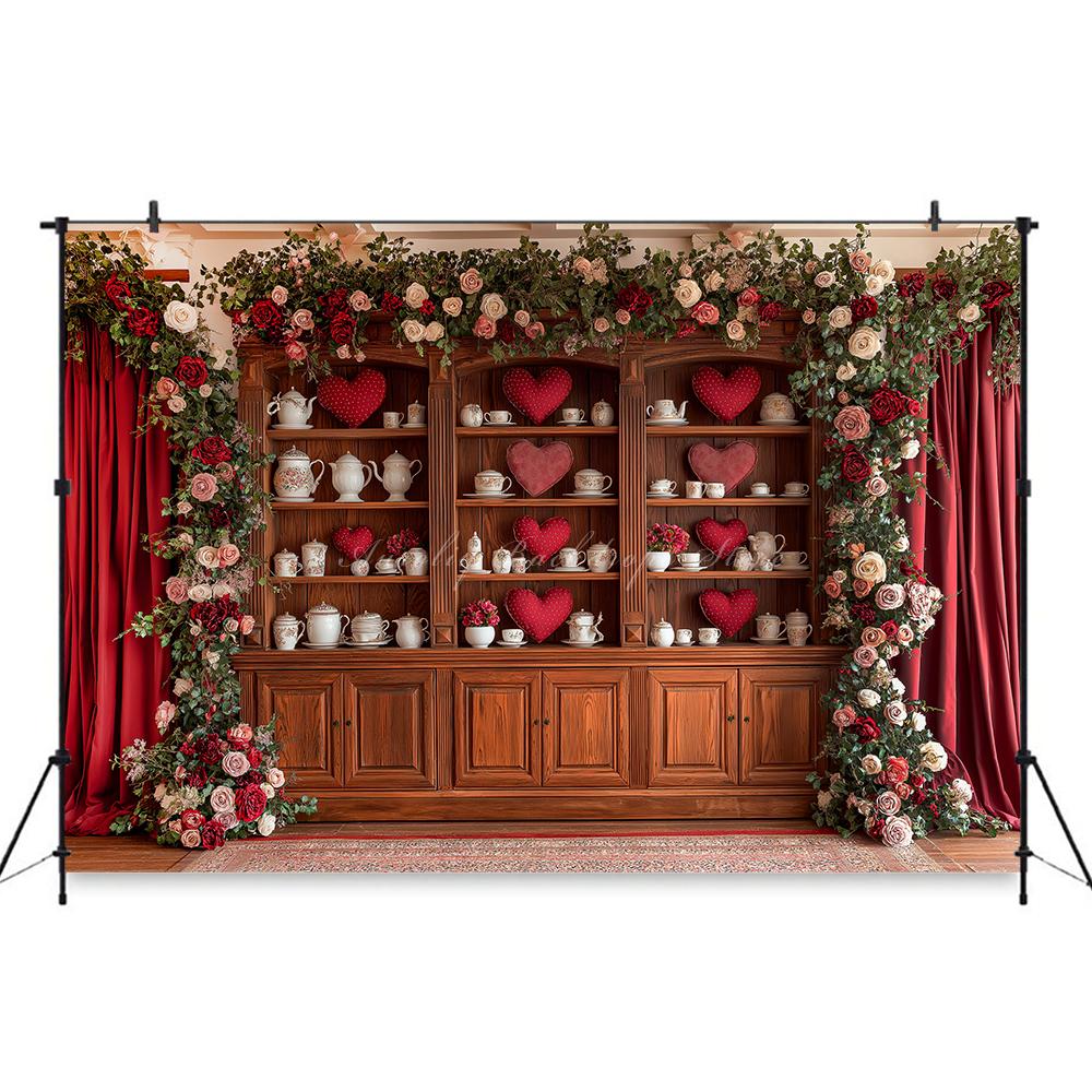 Valentine's Day red rose heart-shaped wooden cabinet banner shooting Backdrop, Valentine's Day adult portrait shooting Backdrop7