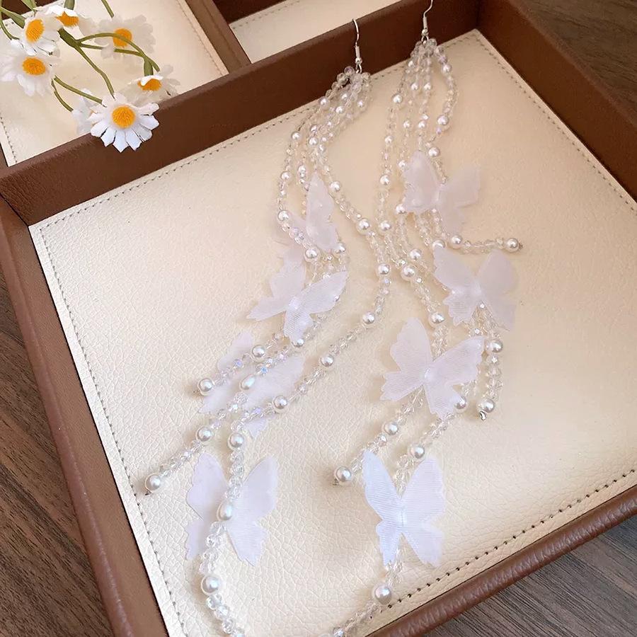 Pearl beaded chiffon butterfly fringed ear hook new fresh and sweet earrings niche high-end earrings women