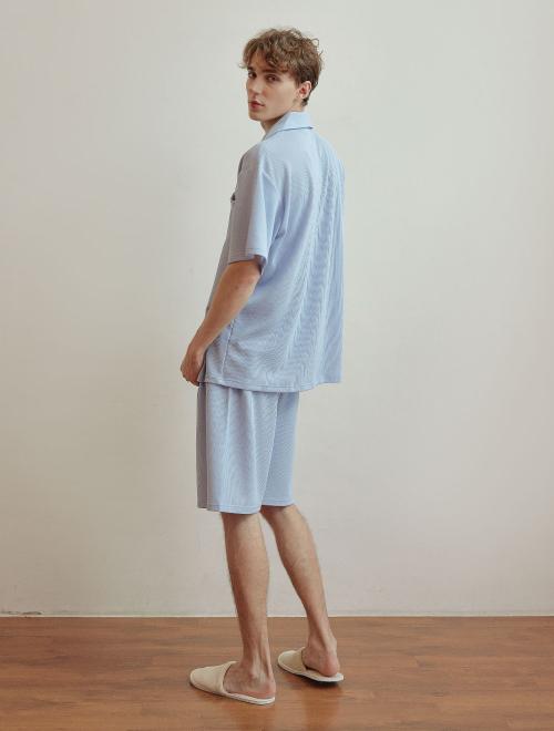 [LUNALUZ STUDIO] Men's Ange Span Ribbed Collar Short-Sleeve Two-Piece Pajama Set [Shipped from Korea] 100% Authentic