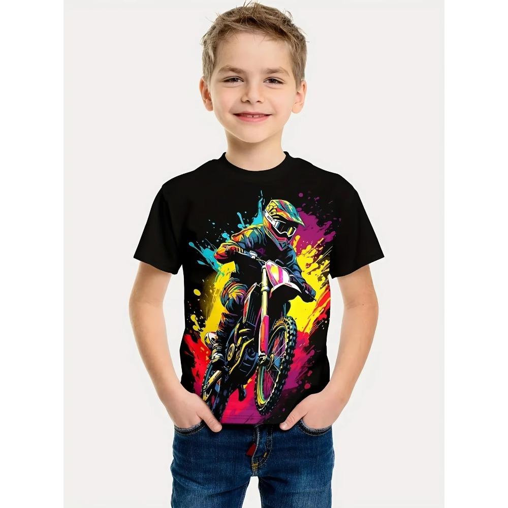 T-shirt da Ragazzo Motociclista T-shirt Stampata 3D per Bambino 2-10 Anni Manica Corta Maglietta Top Bambino Estate Trendy Street Top per Bambini